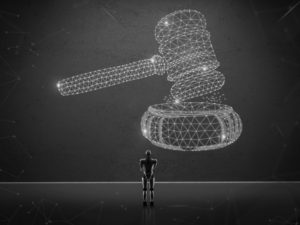 Internet law concept with 3d rendering ai robot with gavel judge